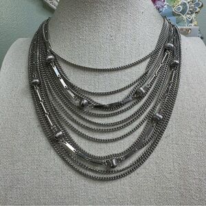 Stacked Chain Choker Necklace Silver Tone Ribbed Bead Vintage Layered Vintage